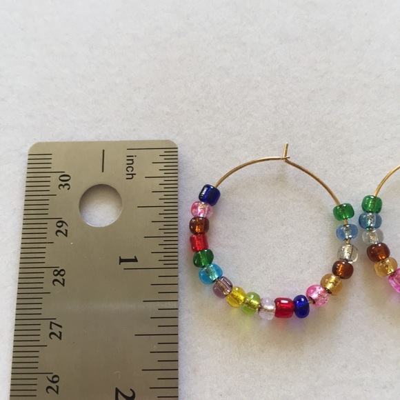 HAND CRAFTED Hoop Earrings Jewel Tones Multicolor Rainbow Pierced - Picture 4 of 12